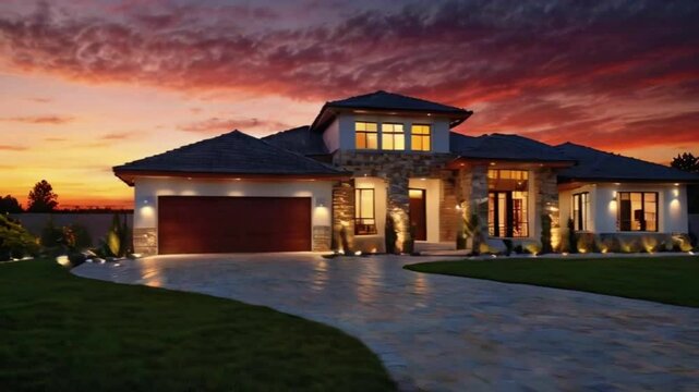 3d rendering of modern cozy clinker house on the ponds with garage and pool for sale or rent with beautiful landscaping on background. Clear summer night with many stars on the sky, 4k Animation video
