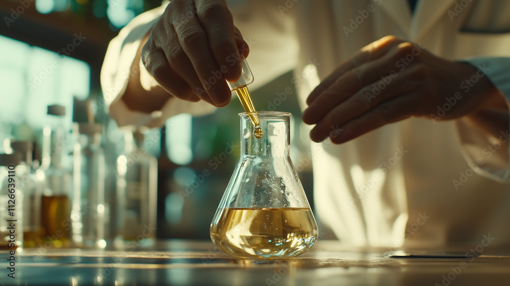 Aufkleber Close up of scientist hands in lab coat carefully adding liquid to flask in brightly lit laboratory, showcasing precision and focus in scientific research