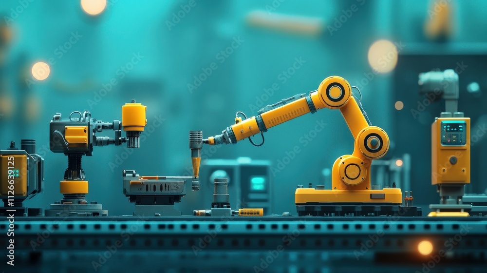 Poster Advanced Industrial Robots Working Together in a Modern Smart Factory Setting with Futuristic Technology and Automation Elements