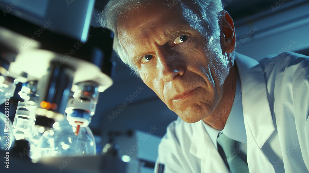 Poster focused scientist in lab coat examines equipment under bright lighting, conveying determination and 