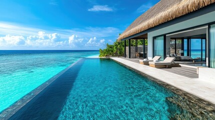 Fototapeta premium Luxury beachfront villa with infinity pool and ocean view.