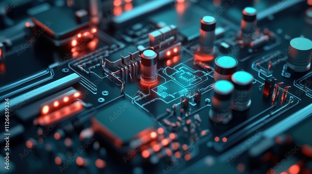 Poster close-up view of a high-tech circuit board illuminated with blue and red lights, showcasing intricat