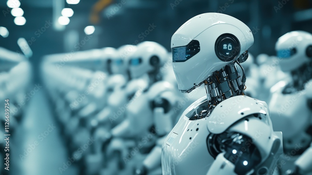 Poster Futuristic Robots in a High-Tech Factory Environment with Rows of Advanced Machinery and Soft Blue Lighting for Robotics and Technology Themes