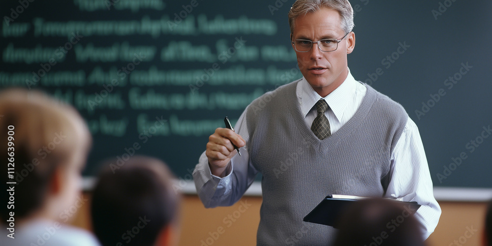 Poster teacher in classroom setting, wearing sweater vest and tie, holds notebook and pen while addressing 