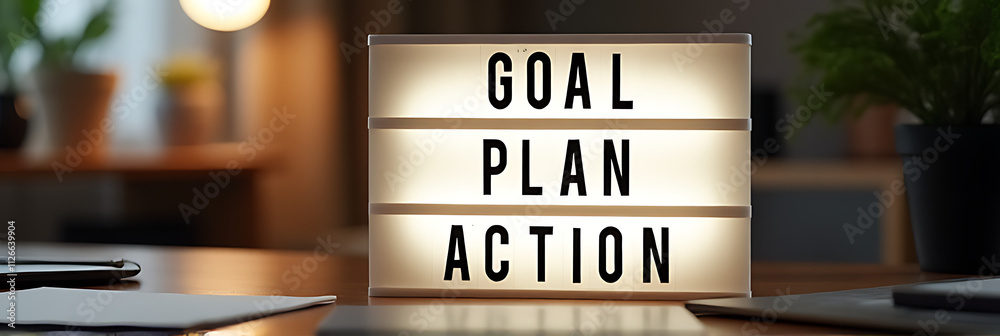 Poster a goal, plan, and action text are placed on a light box on a desk table in a home office for busines