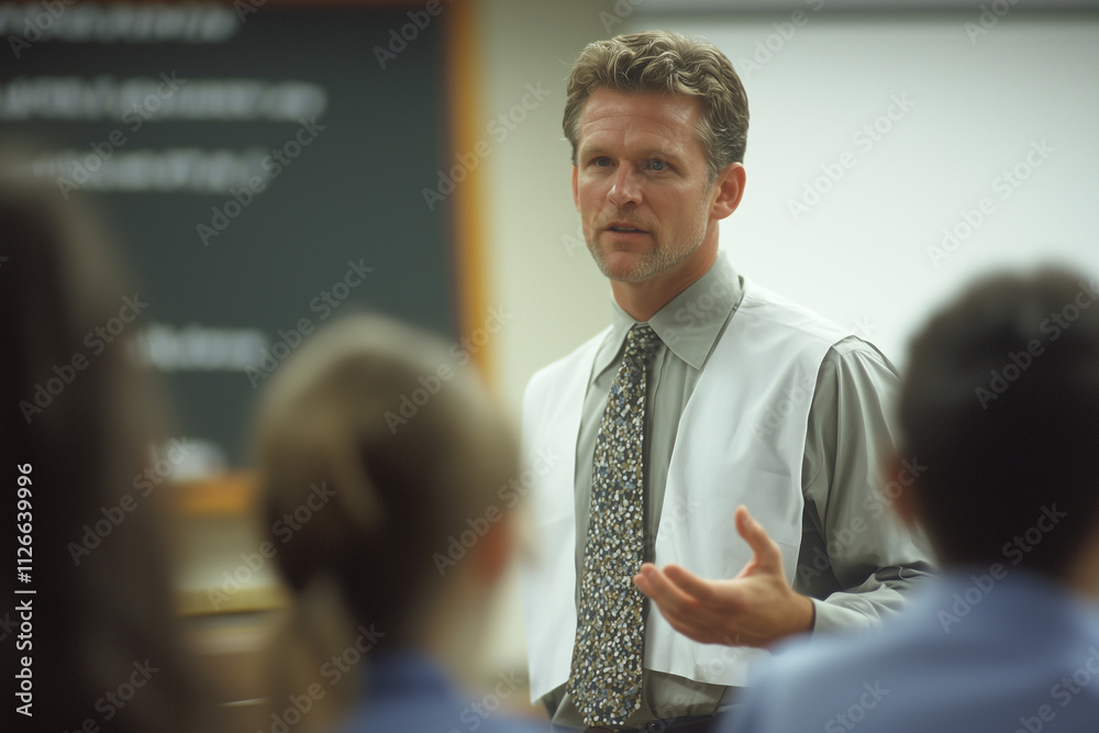 Poster teacher in formal outfit is engaging with students in classroom setting, standing near chalkboard an