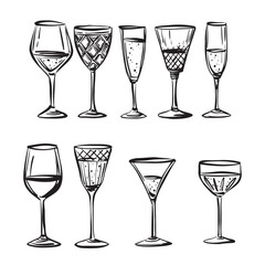 Vector line art illustration featuring 9 different glasses. Ideal for use in bar menus, party invitations, drink recipes, restaurant branding, and graphic design projects.