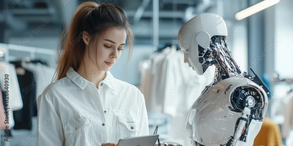 Poster young woman collaborates with humanoid robot in modern workspace, showcasing innovation and technolo