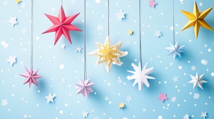 Colorful Playful Wallpaper Featuring Hanging Paper Snowflakes in Various Shapes and Sizes Against a Soft Blue Background for a Festive Atmosphere