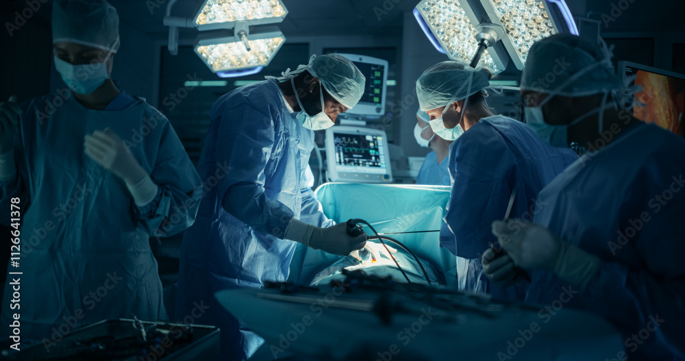 Poster Deep in the Process of an Emergency Surgery, Diverse Team of Healthcare Professionals Navigating Each Stage of the Operation with Extreme Concentration, Uniting Their Skills to Perform the Procedure