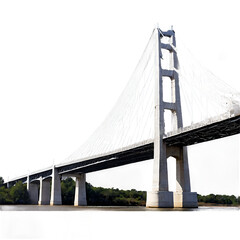 Obraz premium Suspension Bridge Soaring: A grand, majestic suspension bridge gracefully arches over a tranquil waterway, its intricate design and towering structure a testament to human ingenuity.