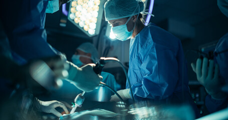 Portrait of a Female Surgeon Using Laparoscopy Instrument, Working on a Critical Operation in a...