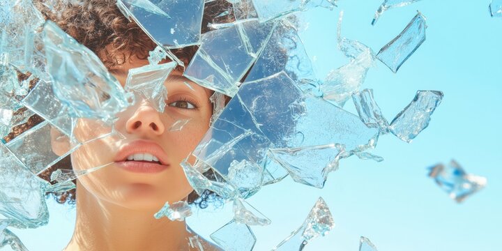 A dramatic depiction of a woman literally breaking through a glass ceiling, with shards of glass flying around her as she confidently looks forward, symbolizing overcoming barriers and the possibility