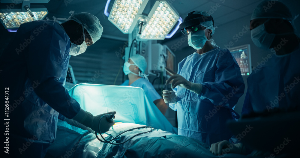 Poster Lead Surgeon Navigating Complex Steps in Real-Time with the Help of an Augmented Reality Glasses. Female Medical Professional is Aided by Nurses and Surgical Assistants in a Coordinated Teamwork
