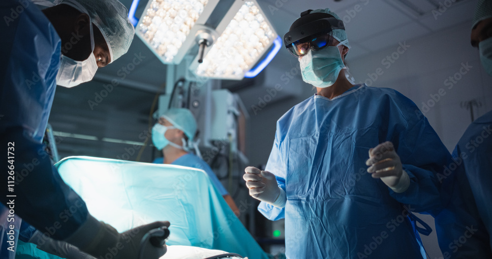 Poster operating team following directions of a female surgeon using augmented reality headset, where a dig
