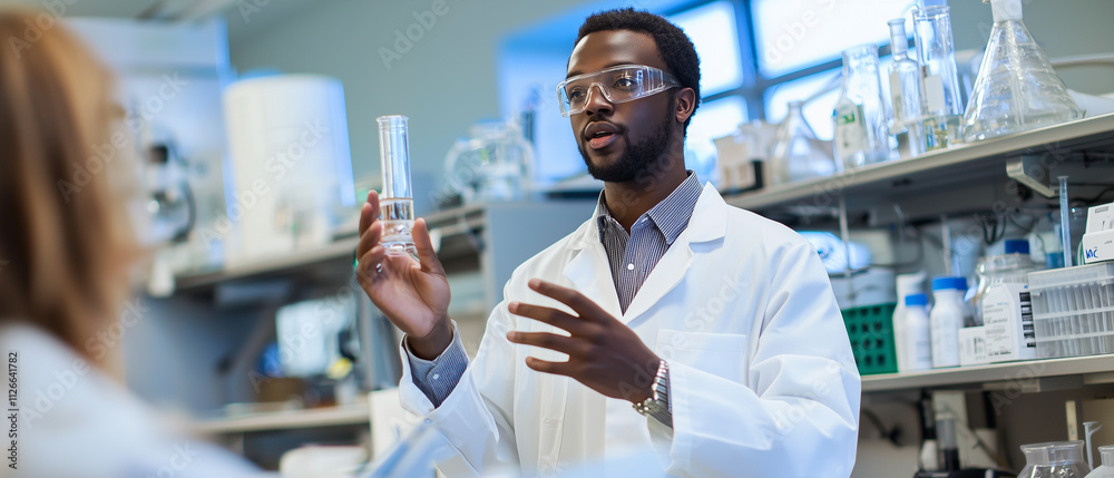 Poster scientist in lab coat explains research findings while holding beaker in modern laboratory, surround