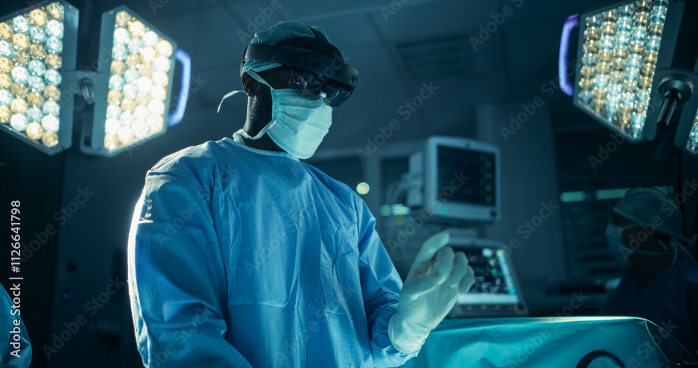 Poster lead surgeon navigating complex steps in real-time with the help of an augmented reality glasses. bl