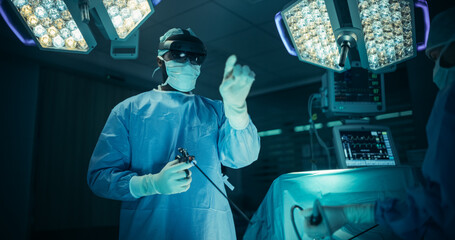 Black Male Surgeon Uses Modern Extended Reality Glasses to Access Key Patient Data Mid-Surgery, Collaborating with Assistants and Nurses During a Critical Medical Operation
