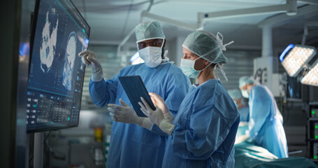 Black Male and Caucasian Female Surgeons Analyze Brain Scans on a Digital Monitor, Planning...
