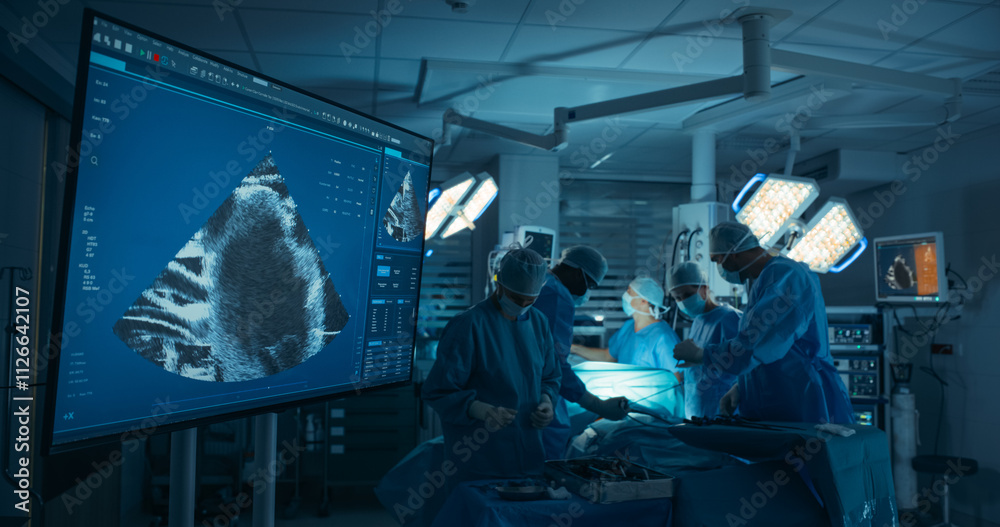 Aufkleber surgeons and assistants perform a delicate surgery. large computer monitor showing an ultrasound ima
