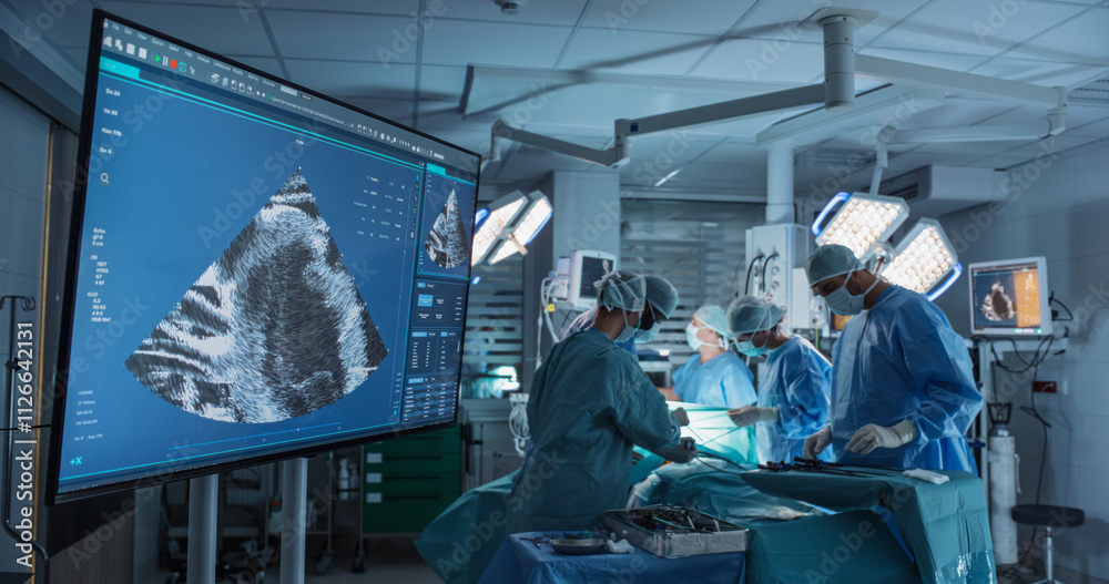 Poster Deep in the Process of an Emergency Surgery, Diverse Team of Healthcare Professionals Navigating Each Stage of the Operation with Extreme Concentration. TV Screen Showing Ultrasound Image on Display