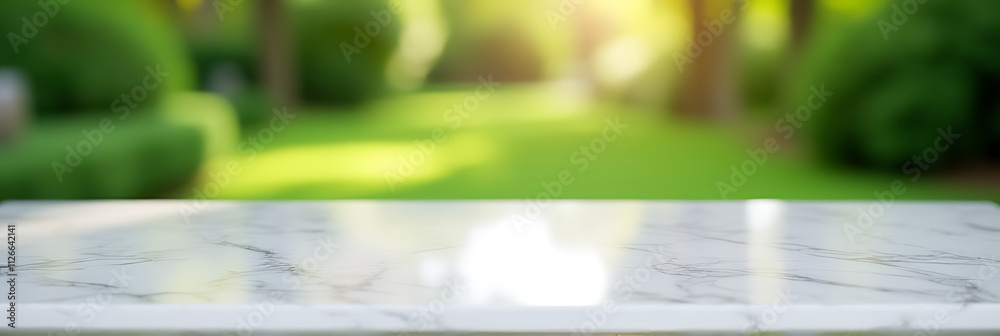 Poster a marble tabletop with a blurred green garden in the background creates a selective focus effect thr