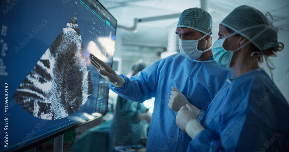 Poster diverse colleagues having a discussion in the operating room. female and male surgeons evaluate comp