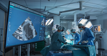 Deep in the Process of an Emergency Surgery, Diverse Team of Healthcare Professionals Navigating...