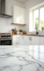 A marble tabletop with blurred white kitchen surroundings creates a visually appealing selective focus effect in photography._00001_