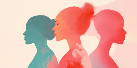 A colorful and vibrant depiction of women from different cultures standing together, dressed in traditional clothing, celebrating their diverse backgrounds and uniting for a common cause.