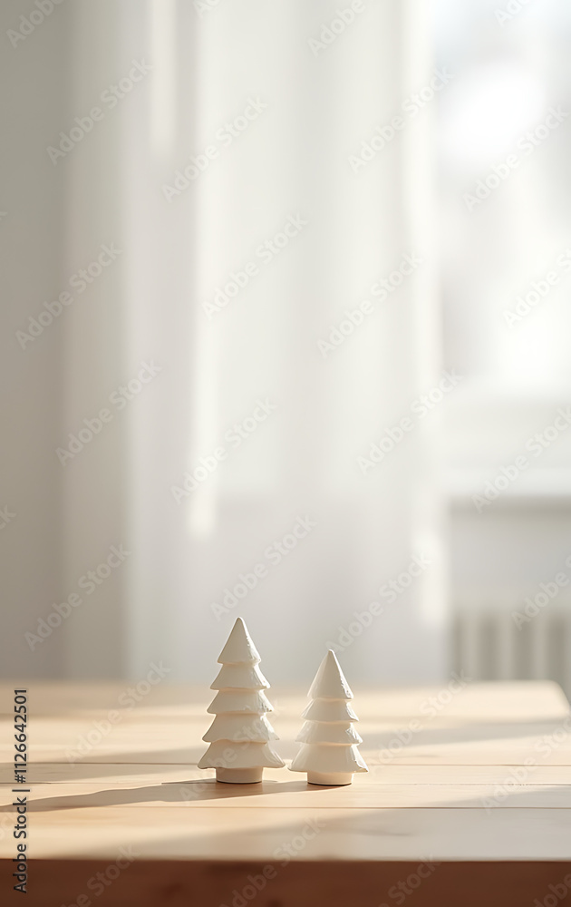 Poster A minimalist Christmas decoration idea features an empty wooden table with a simple yet elegant white bokeh background._00002_