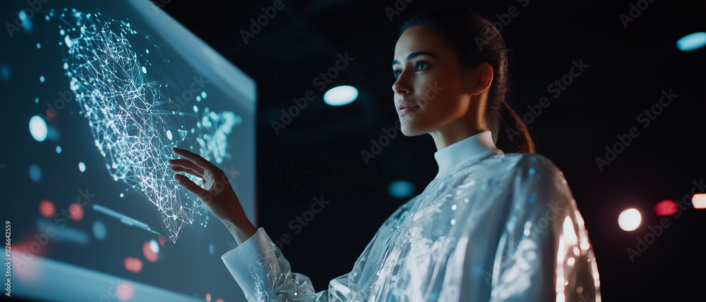 Poster futuristic woman interacts with glowing digital interface displaying network map, symbolizing innovation and technology in modern, high tech environment