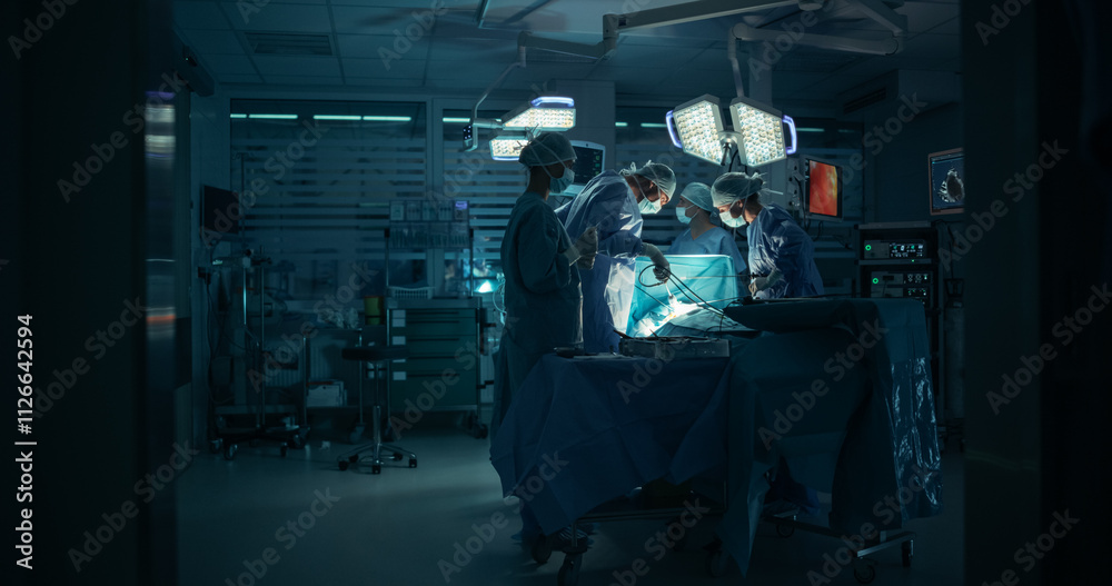 Aufkleber diverse surgical team working in a darkened operating room surrounded by advanced medical equipment.