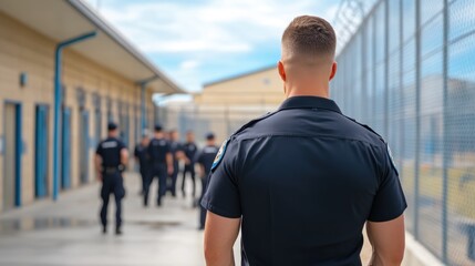 Inmates under supervision by prison guard in yard