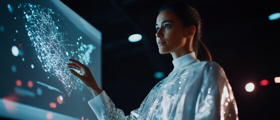 futuristic woman interacts with glowing digital interface displaying network map, symbolizing innovation and technology in modern, high tech environment