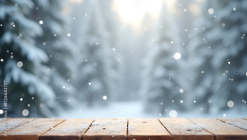 Poster A minimalist winter wonderland scene features an empty wooden table surrounded by soft snowflakes on a festive holiday background._00001_