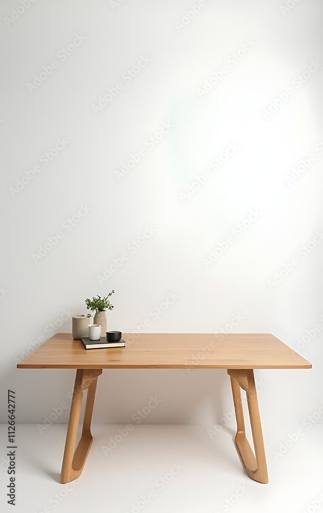 Poster a minimalist wood table sits in a bright white office setting, ideal for showcasing products and cre
