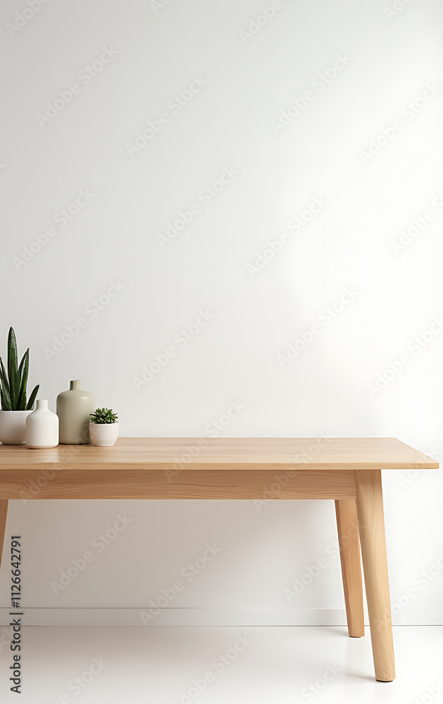 Poster a minimalist wood table sits in a bright white office setting, ideal for showcasing products and cre