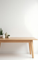 Fototapeta premium A minimalist wood table sits in a bright white office setting, ideal for showcasing products and creating visually appealing layouts._00001_
