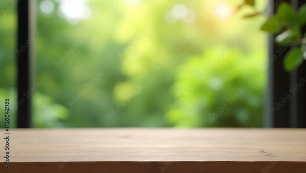 Poster a minimalist wooden table sits atop a blurred image of an abstract green garden scene in a distant w