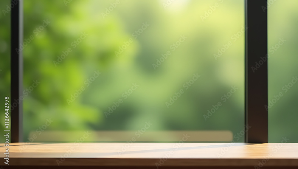 Poster a minimalist wooden table sits atop a blurred image of an abstract green garden scene in a distant w