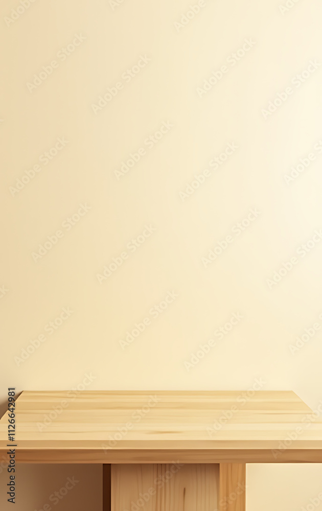 Poster a minimalist wooden table top sits on a light gold abstract background, perfect for a product displa