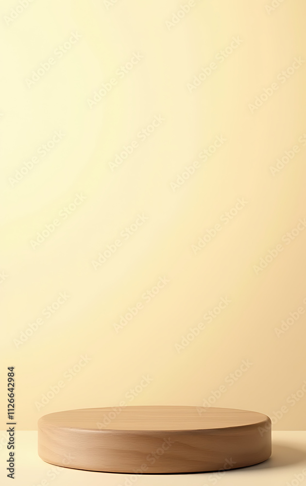 Poster a minimalist wooden table top sits on a light gold abstract background, perfect for a product displa