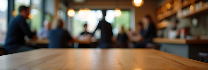 A minimalist wooden table sits atop a blurred background of people in a bustling coffee shop cafe restaurant, ideal for showcasing key visuals._00001_