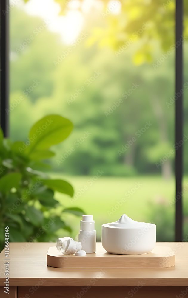 Poster a minimalist wooden tabletop features a blurred garden background for a clean and visually appealing
