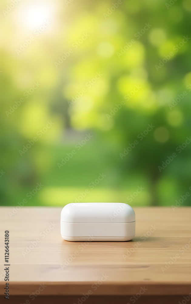 Poster a minimalist wooden tabletop features a blurred garden background for a clean and visually appealing