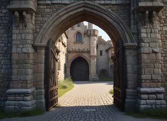 A medieval castle gatehouse with an arched entrance, battlements, medieval gatehouse