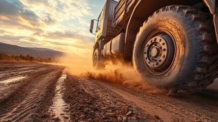 Off-road truck driving on dusty dirt road at sunset.