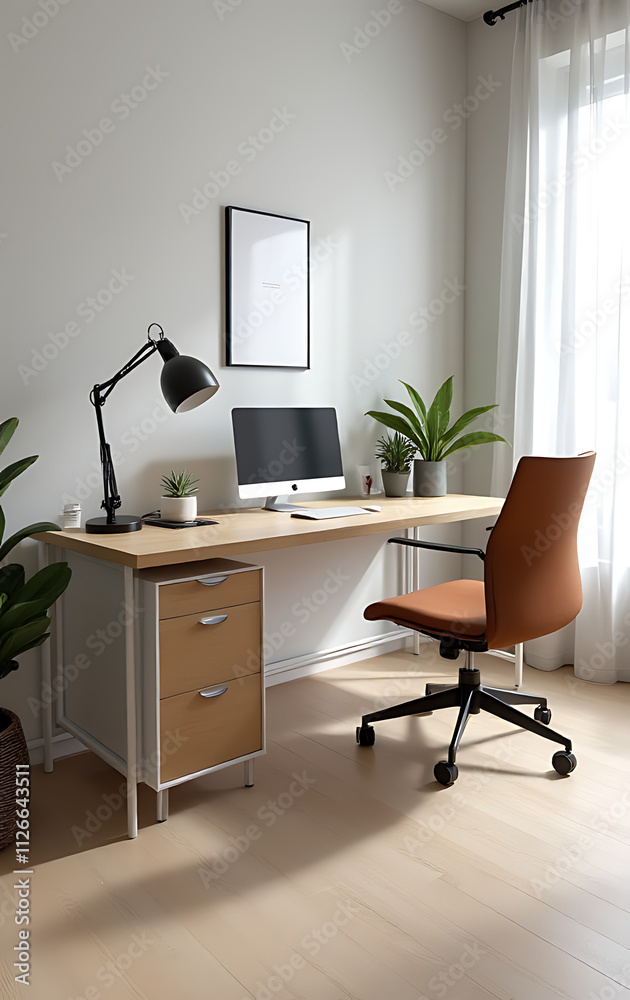 Poster a modern office setup is featured in a flat lay design with an office desk table as its centerpiece.