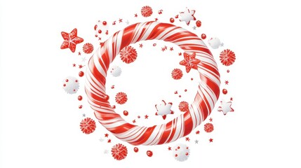 Colorful Cartoon Wreath Made of Candy Canes Forming a Spiral, Surrounded by Festive Red and White Decorations for Holiday Cheer